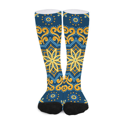 Blue And Gold Bohemian Mandala Print Long Socks