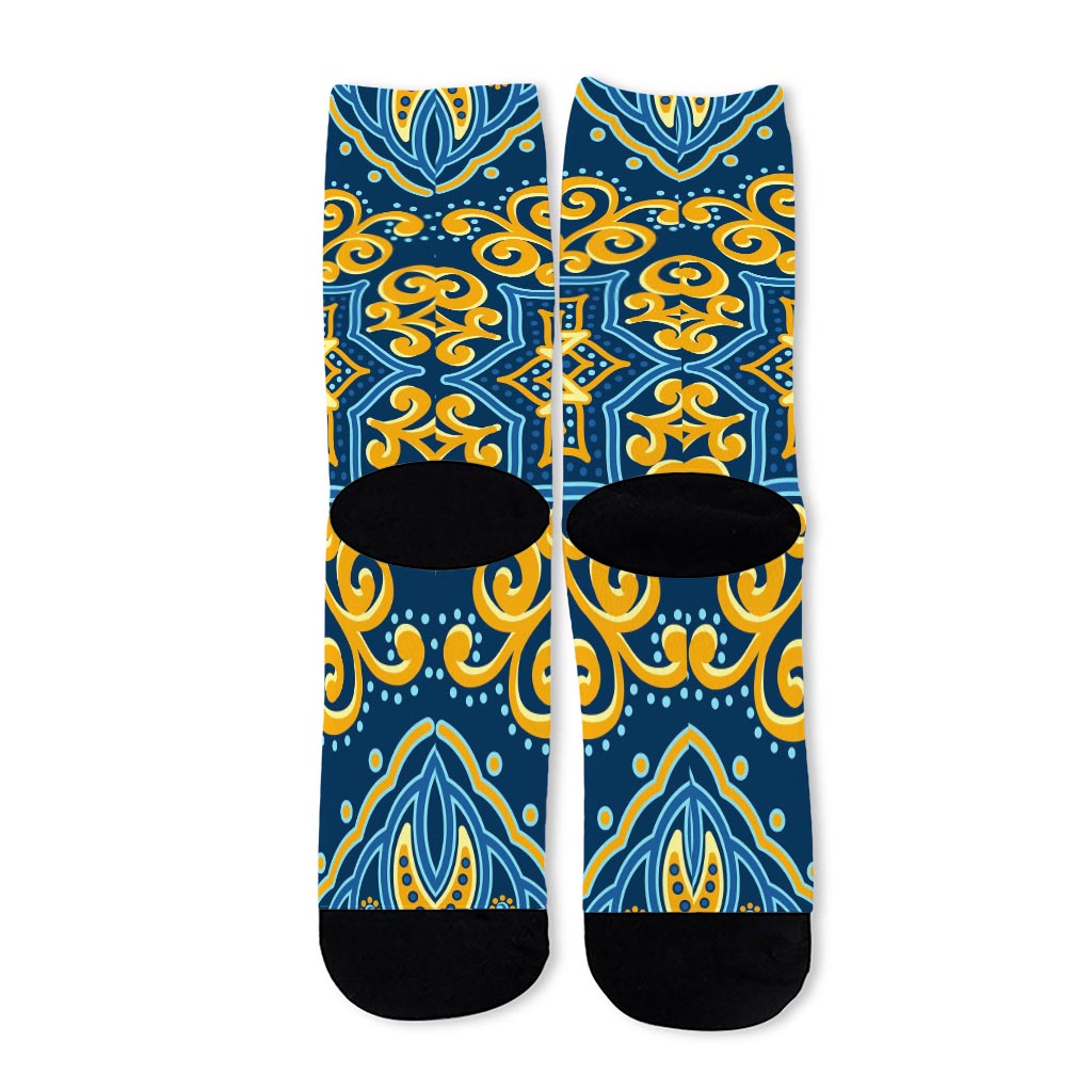 Blue And Gold Bohemian Mandala Print Long Socks