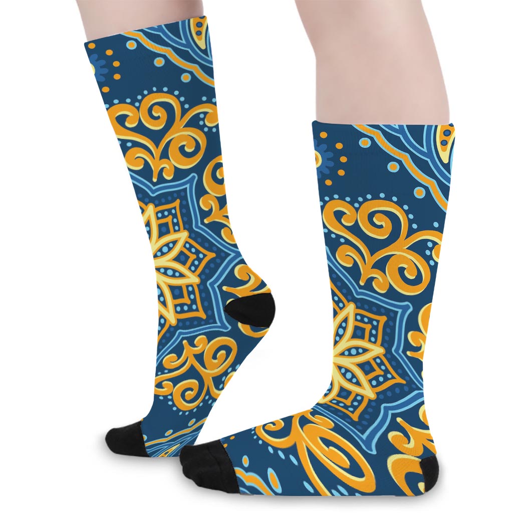 Blue And Gold Bohemian Mandala Print Long Socks
