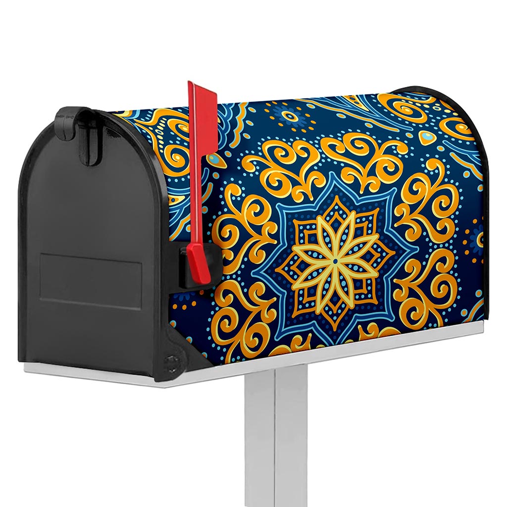 Blue And Gold Bohemian Mandala Print Mailbox Cover