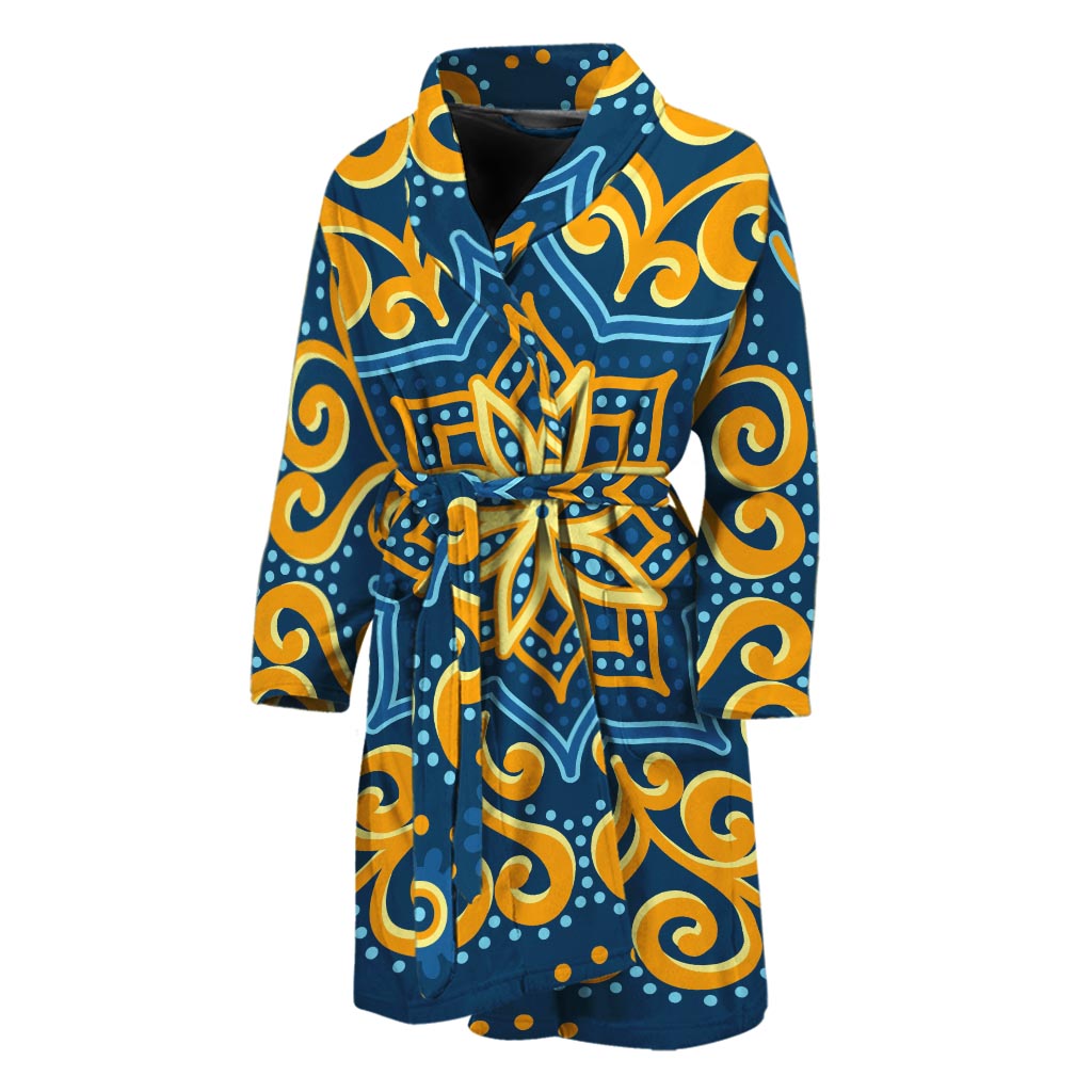 Blue And Gold Bohemian Mandala Print Men's Bathrobe