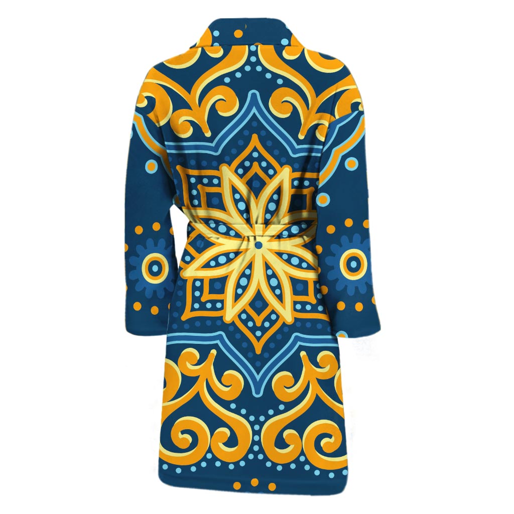 Blue And Gold Bohemian Mandala Print Men's Bathrobe