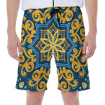 Blue And Gold Bohemian Mandala Print Men's Beach Shorts