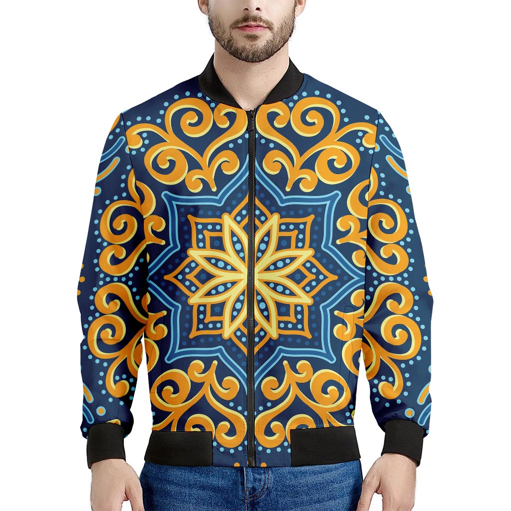 Blue And Gold Bohemian Mandala Print Men's Bomber Jacket