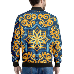 Blue And Gold Bohemian Mandala Print Men's Bomber Jacket