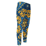 Blue And Gold Bohemian Mandala Print Men's Compression Pants