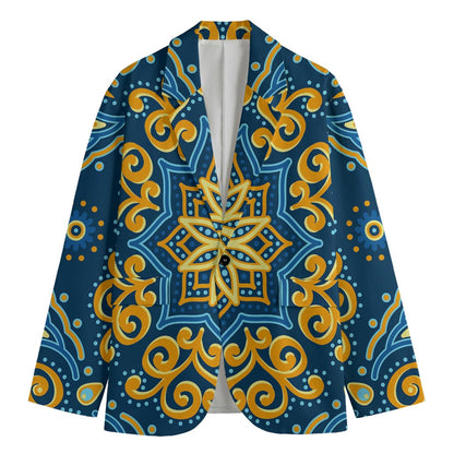Blue And Gold Bohemian Mandala Print Men's Cotton Blazer
