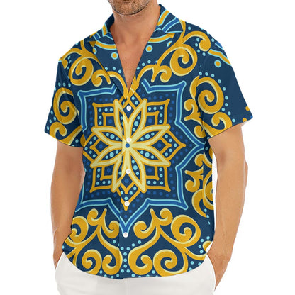 Blue And Gold Bohemian Mandala Print Men's Deep V-Neck Shirt