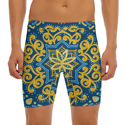 Blue And Gold Bohemian Mandala Print Men's Long Boxer Briefs