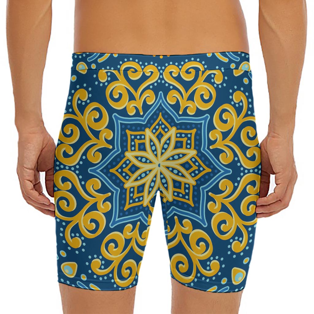 Blue And Gold Bohemian Mandala Print Men's Long Boxer Briefs