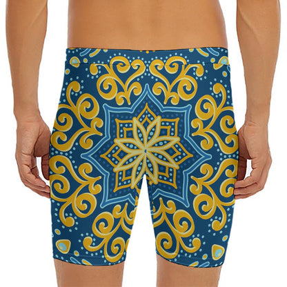 Blue And Gold Bohemian Mandala Print Men's Long Boxer Briefs