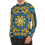 Blue And Gold Bohemian Mandala Print Men's Long Sleeve Rash Guard