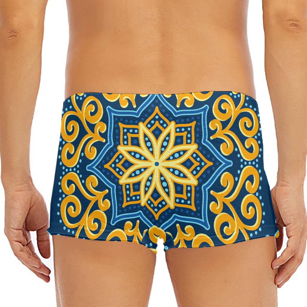 Blue And Gold Bohemian Mandala Print Men's Short Boxer Briefs