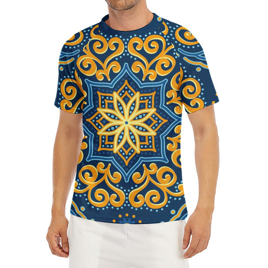 Blue And Gold Bohemian Mandala Print Men's Short Sleeve Rash Guard