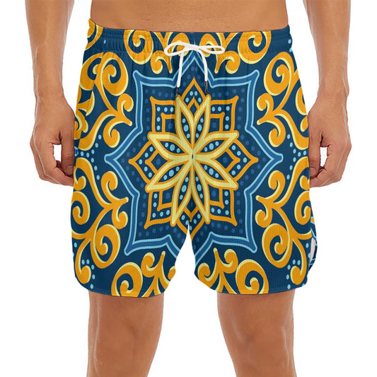 Blue And Gold Bohemian Mandala Print Men's Split Running Shorts