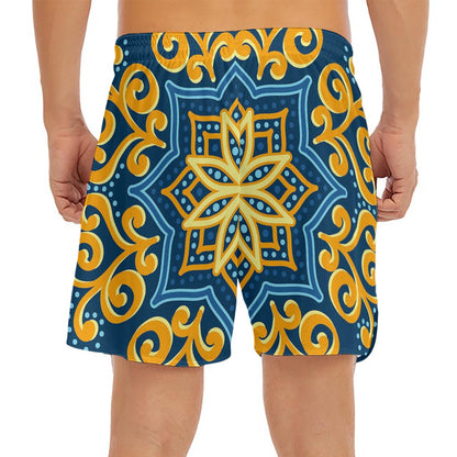 Blue And Gold Bohemian Mandala Print Men's Split Running Shorts
