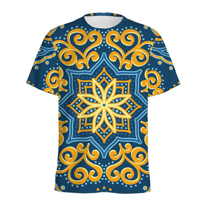 Blue And Gold Bohemian Mandala Print Men's Sports T-Shirt