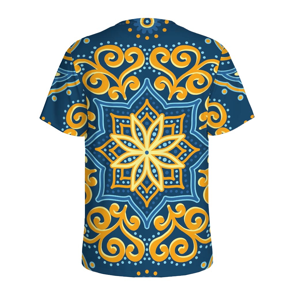 Blue And Gold Bohemian Mandala Print Men's Sports T-Shirt