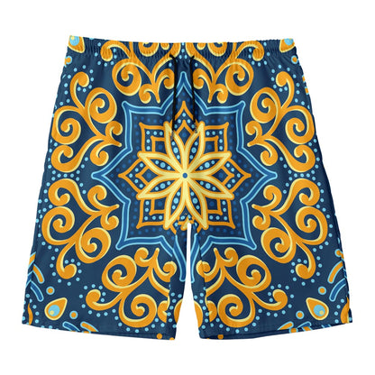 Blue And Gold Bohemian Mandala Print Men's Swim Trunks