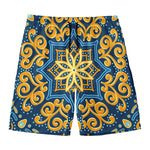 Blue And Gold Bohemian Mandala Print Men's Swim Trunks