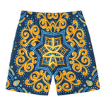 Blue And Gold Bohemian Mandala Print Men's Swim Trunks