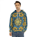 Blue And Gold Bohemian Mandala Print Men's Velvet Pullover Hoodie