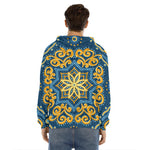 Blue And Gold Bohemian Mandala Print Men's Velvet Pullover Hoodie