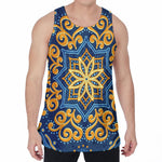 Blue And Gold Bohemian Mandala Print Men's Velvet Tank Top