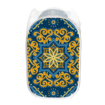 Blue And Gold Bohemian Mandala Print Mesh Laundry Hamper