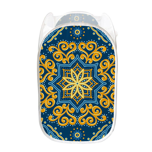 Blue And Gold Bohemian Mandala Print Mesh Laundry Hamper