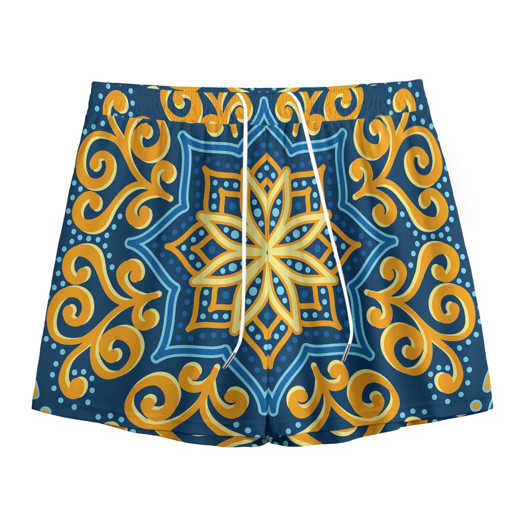 Blue And Gold Bohemian Mandala Print Mesh Shorts