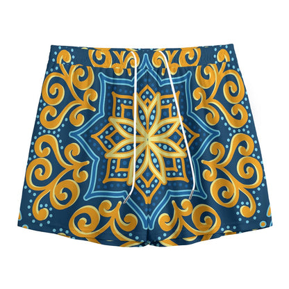 Blue And Gold Bohemian Mandala Print Mesh Shorts