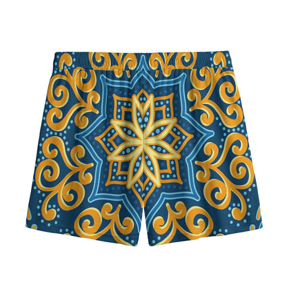 Blue And Gold Bohemian Mandala Print Mesh Shorts