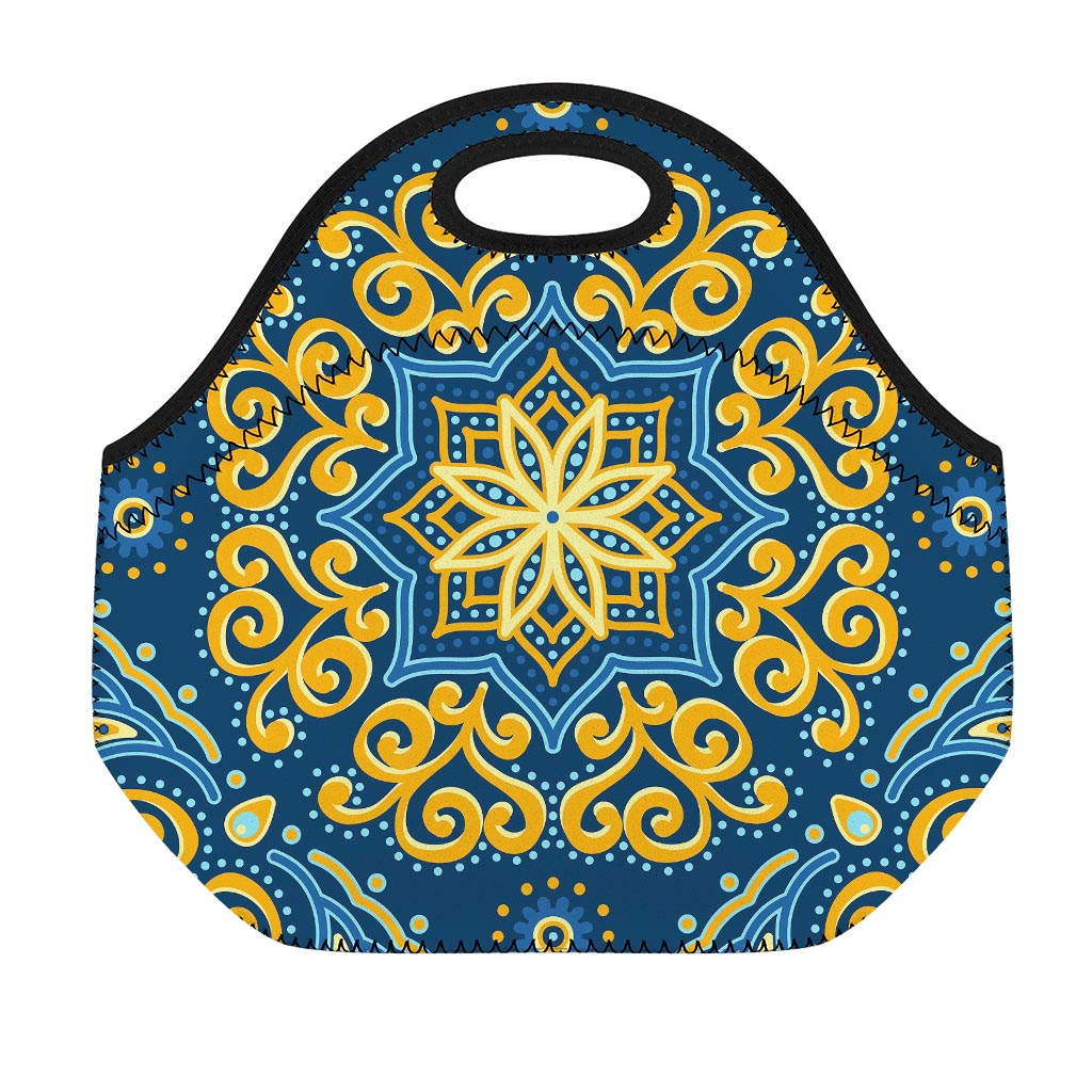 Blue And Gold Bohemian Mandala Print Neoprene Lunch Bag
