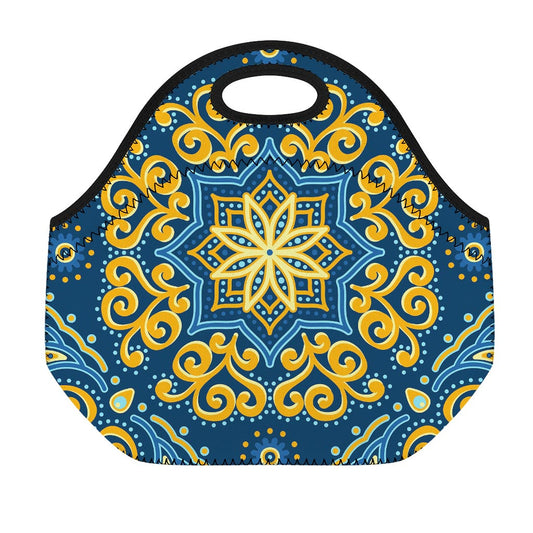 Blue And Gold Bohemian Mandala Print Neoprene Lunch Bag