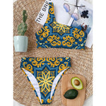 Blue And Gold Bohemian Mandala Print One Shoulder Bikini Top