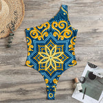 Blue And Gold Bohemian Mandala Print One Shoulder Bodysuit