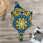 Blue And Gold Bohemian Mandala Print One Shoulder Bodysuit