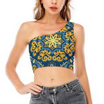 Blue And Gold Bohemian Mandala Print One Shoulder Crop Top