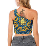 Blue And Gold Bohemian Mandala Print One Shoulder Crop Top