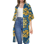 Blue And Gold Bohemian Mandala Print Open Front Beach Cover Up