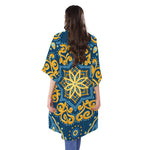 Blue And Gold Bohemian Mandala Print Open Front Beach Cover Up