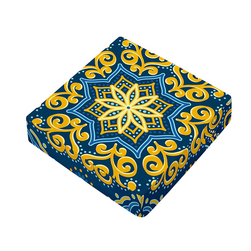 Blue And Gold Bohemian Mandala Print Outdoor Seat Cushion Cover