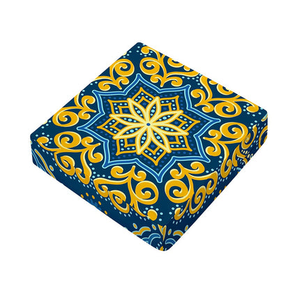 Blue And Gold Bohemian Mandala Print Outdoor Seat Cushion Cover