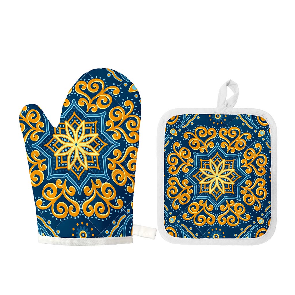 Blue And Gold Bohemian Mandala Print Oven Mitt And Pot Holder Set