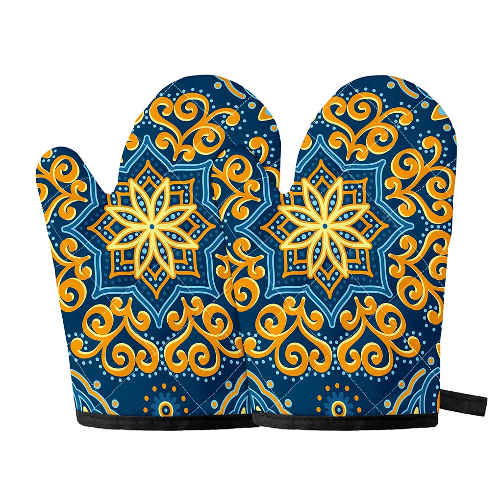 Blue And Gold Bohemian Mandala Print Oven Mitts