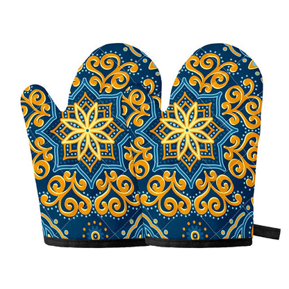 Blue And Gold Bohemian Mandala Print Oven Mitts