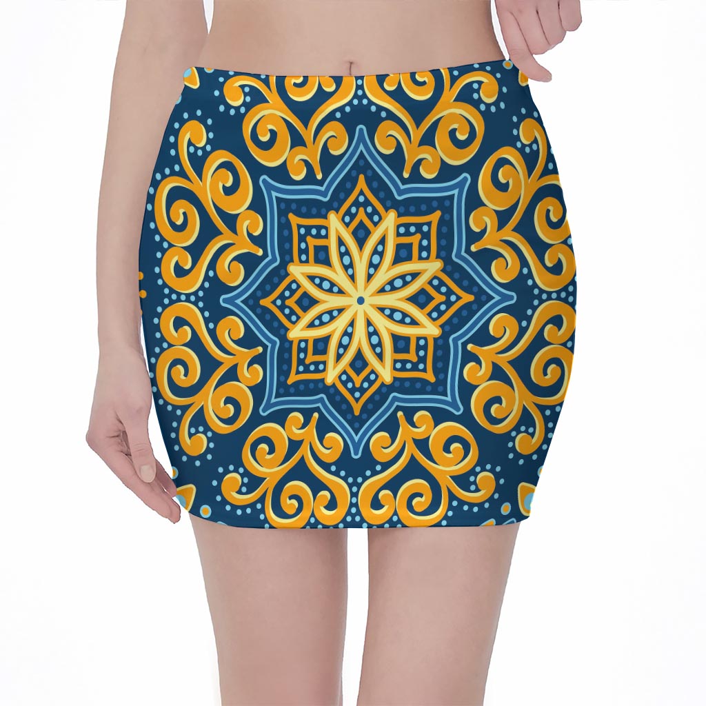 Blue And Gold Bohemian Mandala Print Pencil Mini Skirt