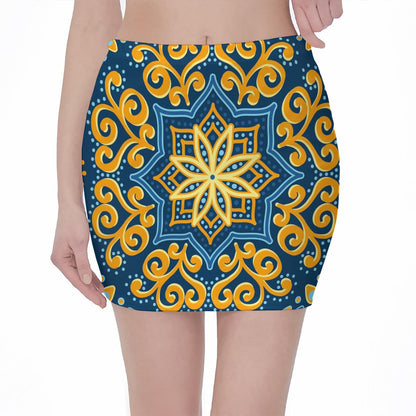 Blue And Gold Bohemian Mandala Print Pencil Mini Skirt