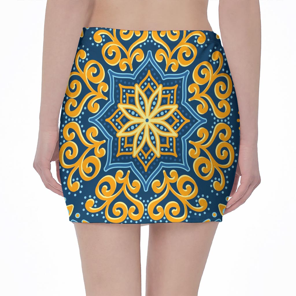 Blue And Gold Bohemian Mandala Print Pencil Mini Skirt